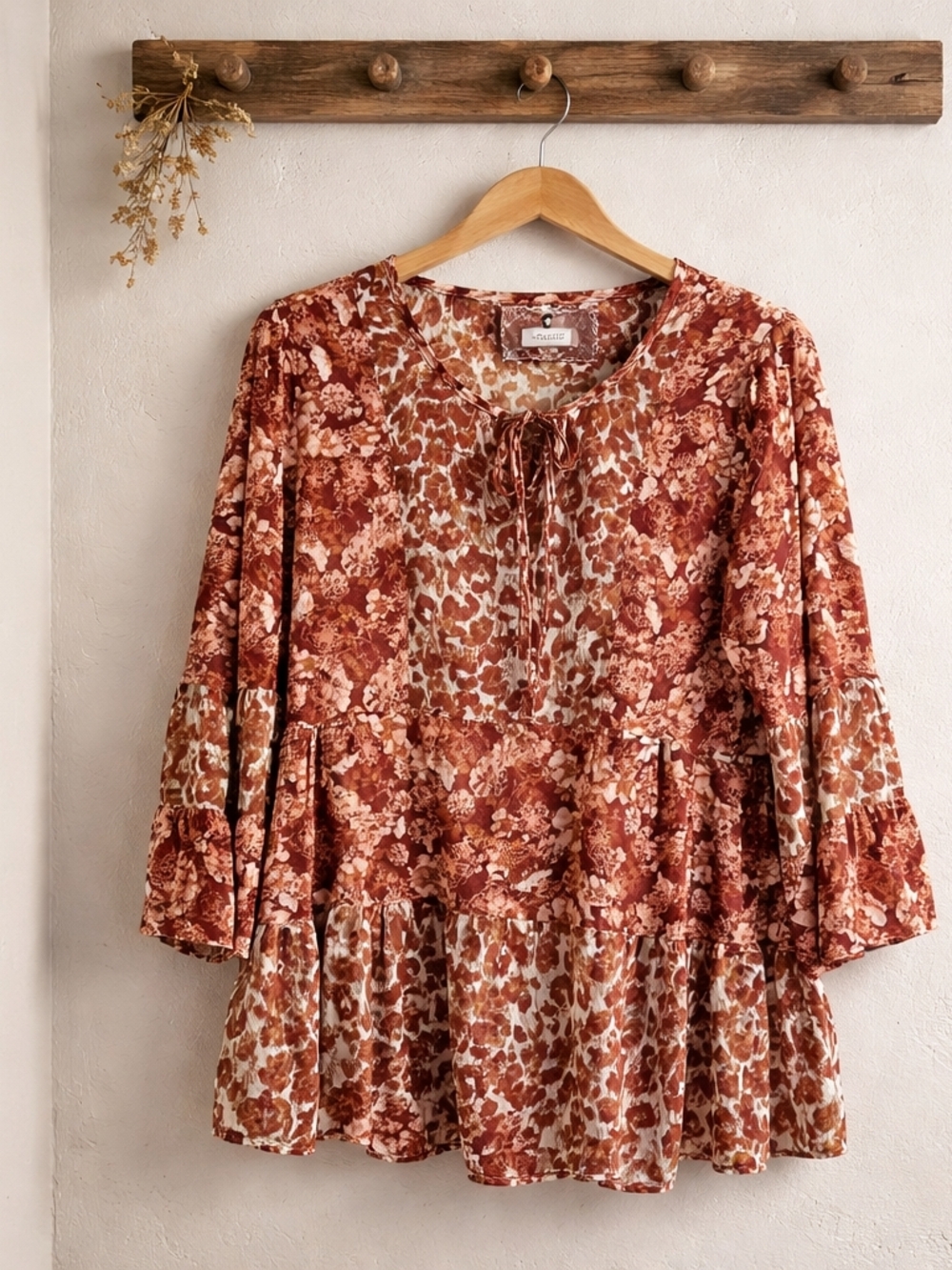 Cupid Rust Floral Tiered Peasant Blouse